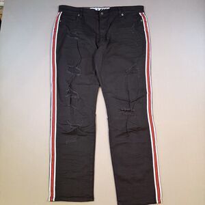 NOS Beat & Rhythm Jeans Mens 38x32 Black Red Stripe Moto Biker Distressed HipHop